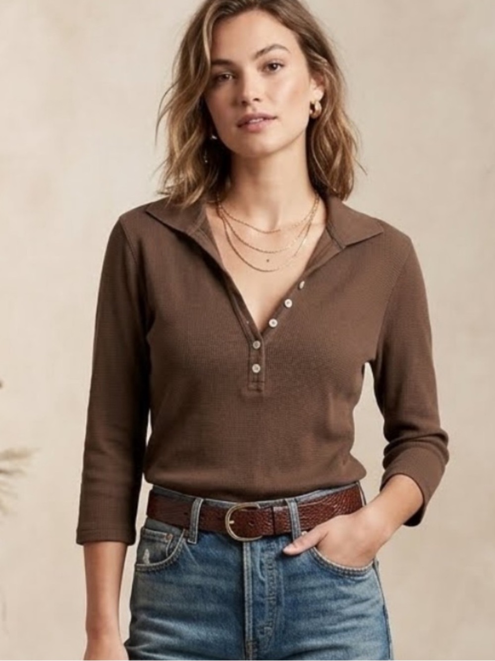 Tommy Hilfiger Y2K Henley Polo Brown Top Medium 3/4 Sleeve Waffle Knit Cotton